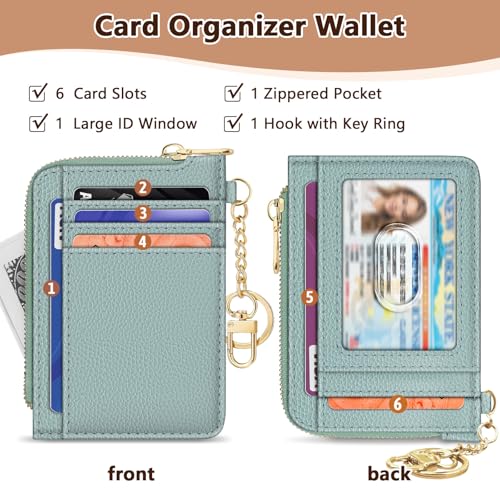 Image of GIANCOMICS Slim Wallet Credit Card Holder Women, Light Green Rfid Blocking Small Card Case, Keychain Thin Pocket Curved Zipper Wallet, Travel Card Holder PU Leather ID Window, Ladies Female Gifts
