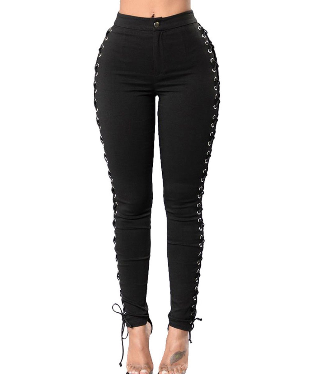 Women's High Waist Lace Up Skinny Pants Hollow Out Stretchy Bodycon Jeans