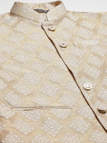 Image of See Designs Men Gold & White Solid Kurta Pyjamas With Nehru jacket