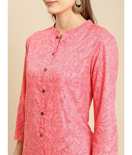Image of rangita Peach Rayon Calf Length Embellished Straight Kurti for Women | Kurta for Women