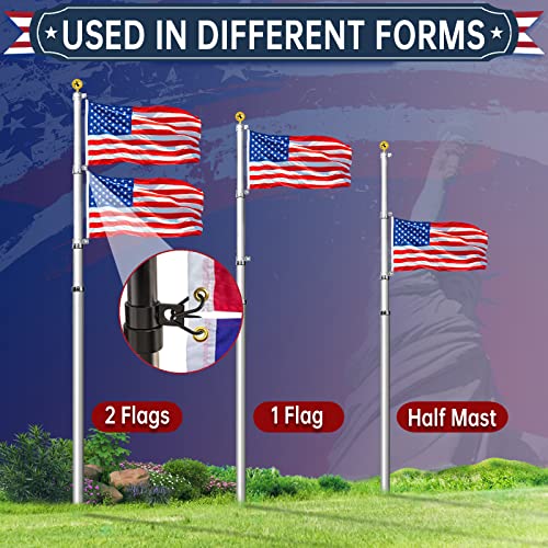 Ielyiesy Telescopic Flag Pole Kit 25Ft Height Adjustable Heavy Duty Aluminum Flagpoles With Two 3X5 American Flags & Golden Ball Topper For Yard House Ground Residential Commercial #TOP6