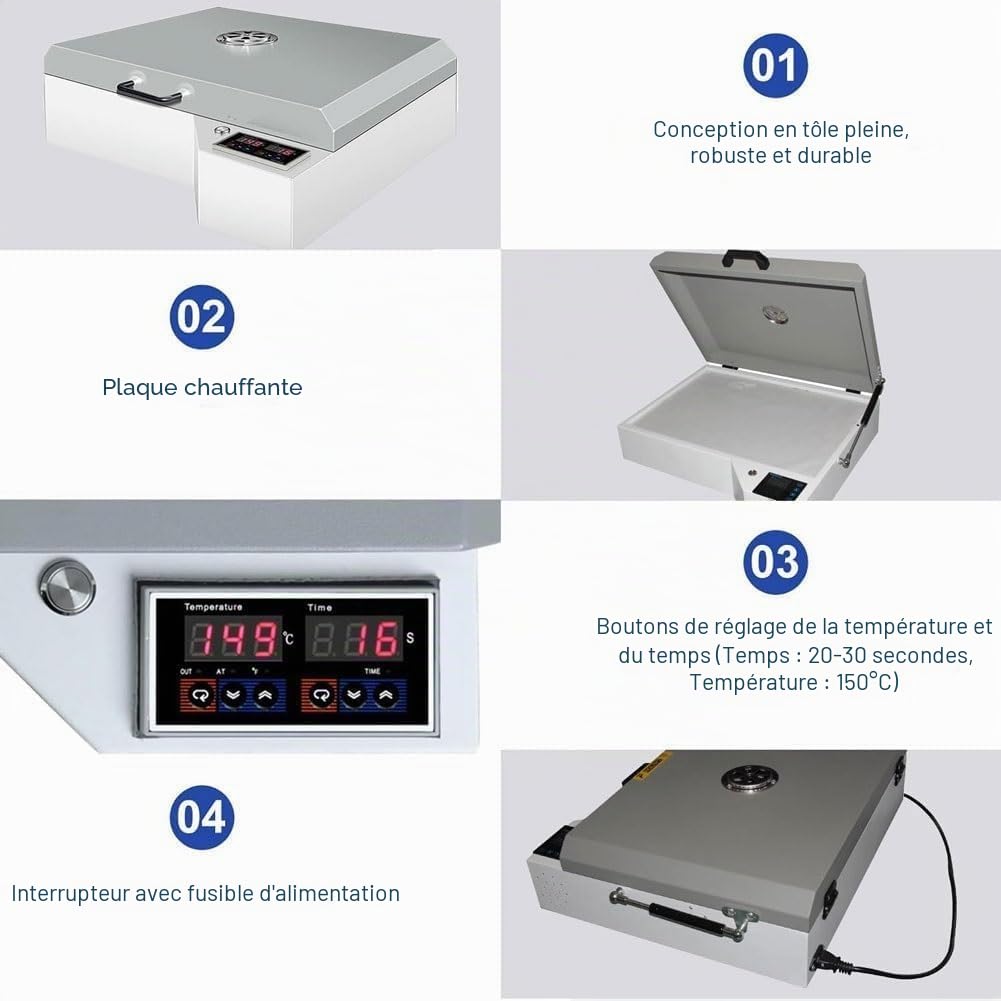 Four DTF,DTF Imprimante Le Four pour Imprimante,Convient Aux Films A3 / A3+ / A4 / A5,1000W Four de Séchage,0-300℃ 0-999S,Couleur Argent