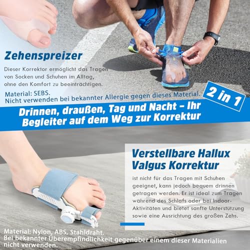 Hallux Valgus Korrektur Set für Damen und Herren, Upgrade Version mit Verstellbarer Hallux Valgus Schiene und Silikon Zehenspreizer für Daumen, Reduziert Hallux Valgus Belastung für Tag und Nacht
