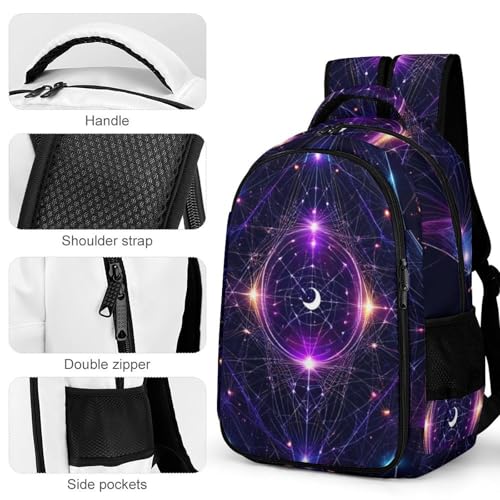 Backpack for Men Women, Cute Sacred Geometry Symbols Sun Moon Trippy Purple Adjustable Strap Backpack for Travel, Business, Unisex Comfy Large Capacity Shoulder Bag4
