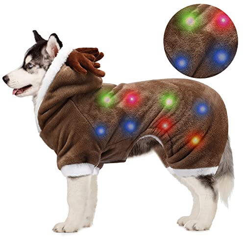 Christmas LED Reindeer Dog Costume Ultra Soft Elk Puppy Jumpsuits Light-up Dogs Sweater Coral Velvet Fleece Hoodie Coat Winter Warm Pet Hoodies Cute Cat Jacket Clothes (Medium)