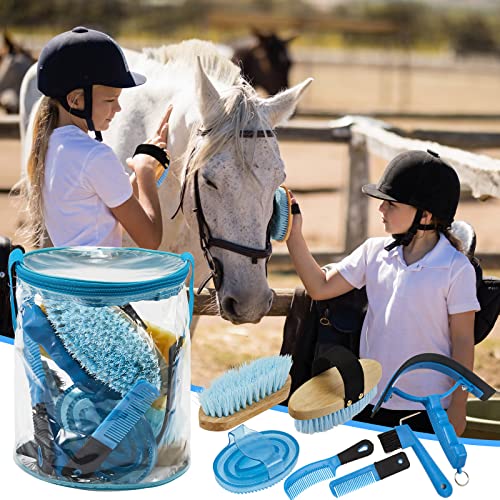 Cunhill 9 Pcs Horse Grooming Kit Tack Room Supplies Set with Tote Bag, Oval Massage Curry, Hard and Soft Brush, Hoof Pick, Sweat Scraper, Bathing Sponge, Comb for Horse Rider(Cute,Blue) - Image 7