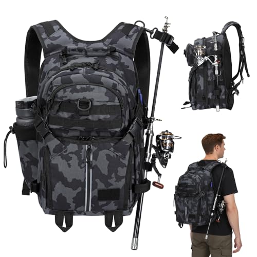 Gkstly 40L Sac à Dos de Pêche avec Porte Canne, Grande Capacité Sac à Dos de matériel Pêche Multiple Poches Sac à Dos Tactique Résistant à l'eau Sac de Rangement pour Randonnée Chasse Camping Voyages