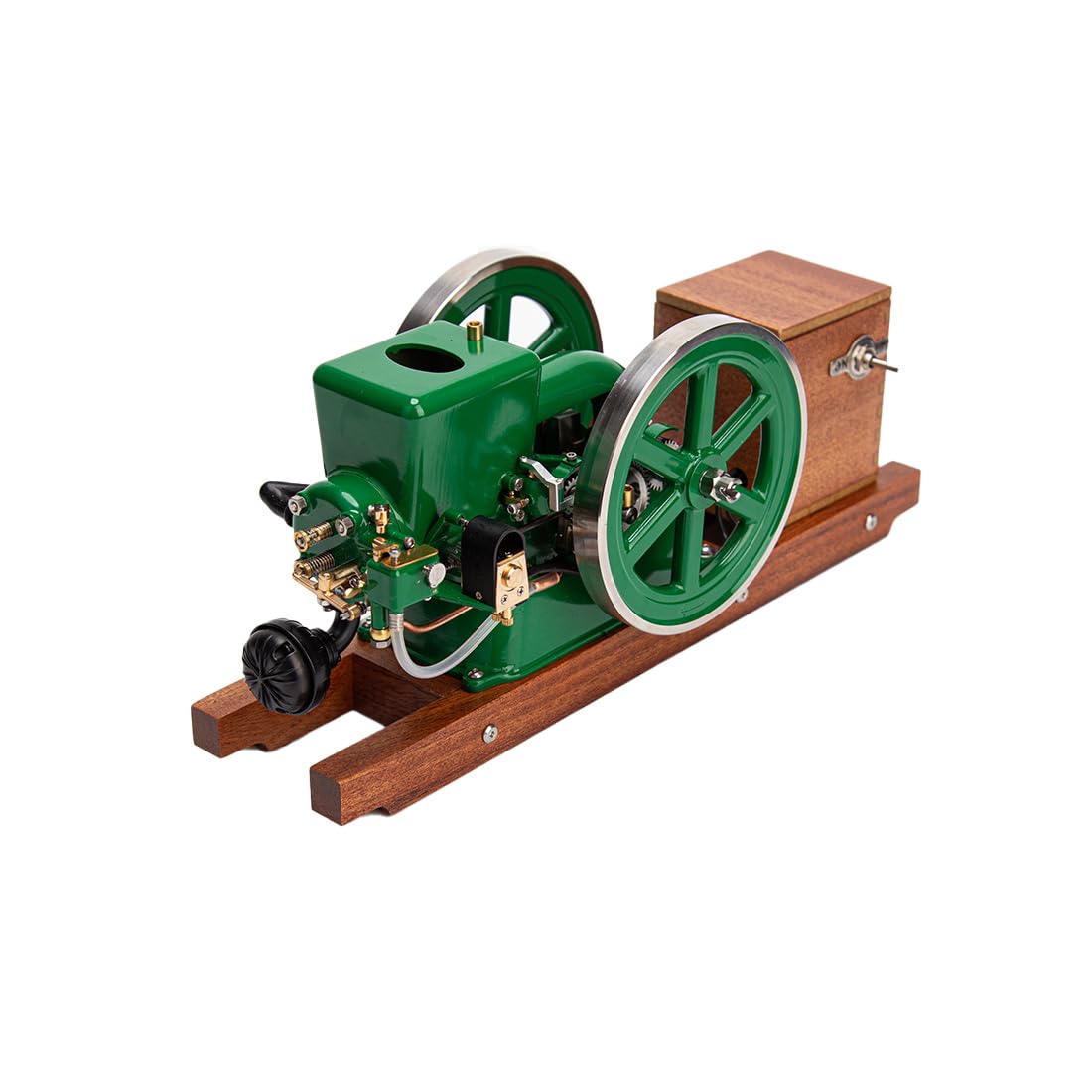Benzinmotor-Modellbausatz, Retrol & OKMO Miniatur-Einzylinder-4-Takt-wassergekühlter horizontaler Benzinmotor mit Holzdisplayständer & Zündanlage, Retro-industrielles mechanisches Sammlerstück