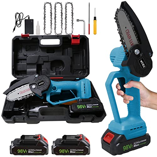 Mini Chainsaw, WINHI 4-Inch 21V Rechargeable Brushless Chainsaw with 2 Batteries and Replaceable Chains, Mini Chainsaw Battery Operated, Handheld Chainsaw for Tree Trimming, Branch Wood Cutting, Blue.