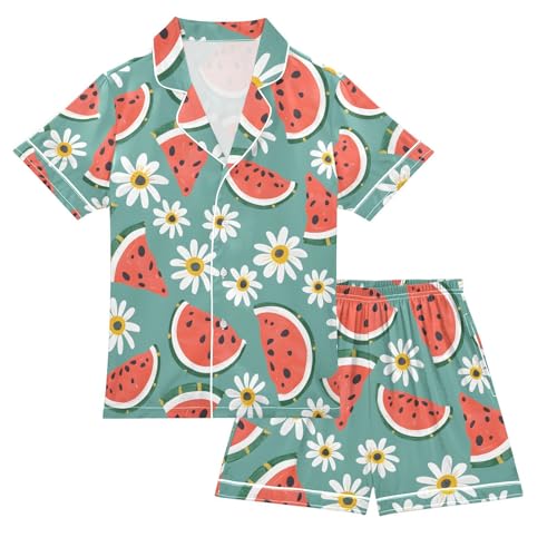 ALAZA Watermelon Daisy Floral Pajamas Satin Pajama Set Short Sleeve Button Down Sleepwear