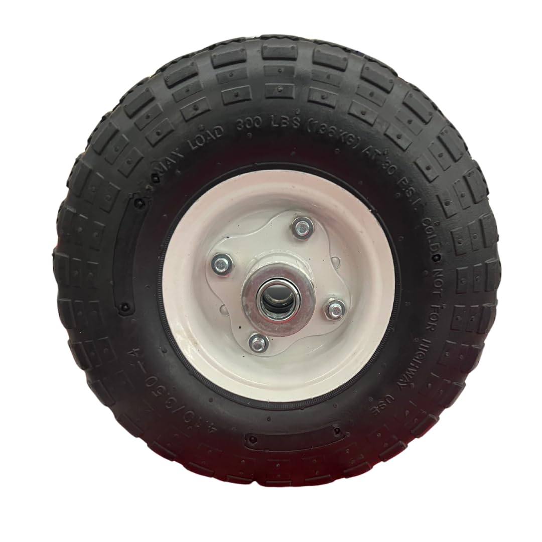Generic 10 in. Pneumatic Tire with White Hub, Heavy Duty Steel hub with Enamel Finish, Quality Rubber casing with Inner Tube, Knobby Pattern Tread, Ball Bearing hub fits 5/8 in. axle, Black, 15458