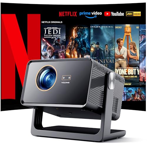 WOLFANG 28000 Lumens Videoprojecteur 4K【Netflix Officiel & Autofocus/Correction Trapézoïdale】, Retroprojecteur WiFi 5G avec Bluetooth 5.2, Mini Projecteur avec Support 180° pour Écran de 300"