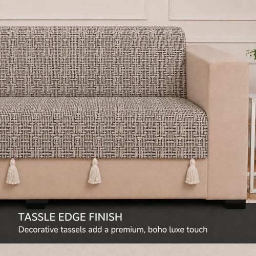 Image of STITCHNEST 'Nomad Weave Collection' 2 Seater Sofa Cover - Full Coverage| Elegant Jacquard Fabric, Decorative Tassels, Washable & Durable for Modern Living16