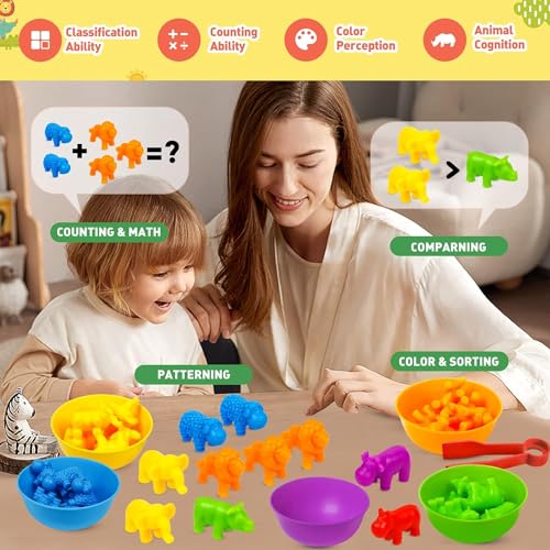 Image of Counting Animals Game Color Sorting Toys with Bowls Montessori STEM Sensory Training Early Educational Preschool Learning Toy Gift for Toddlers Kids Ages 3 4 5 6 (Animals)