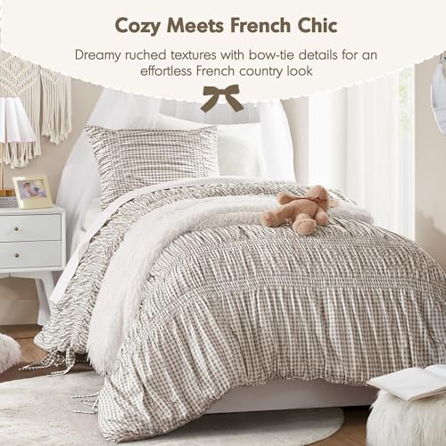 Image of Intelligent Design Ruched Shabby Chic Brown Twin XL Comforter Set, 2pc | Girls Dorm Gingham Bedding Set, French Country, All Season Down Alternative, Cozy, Machine Washable, Lightweight, Breathable