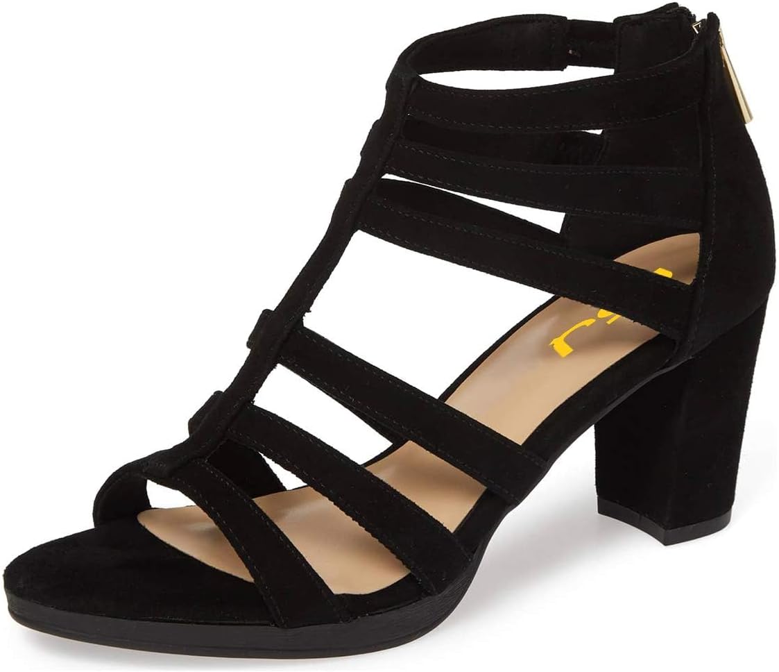 FSJ Women Chunky Mid High Heel Sandals Open Toe T-Strap Pumps Cutout Dress Party Prom Office Strappy Shoes Elastic Back Zipper Size 4-15 US