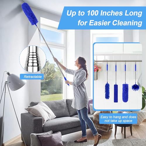 Image of Duster with Extension Pole - Blue | 5-in-1 Kit Dusters for Cleaning, Extendable Duster with 100 Inches, Microfiber Dusters for Ceiling Fans, Furniture, Blinds
