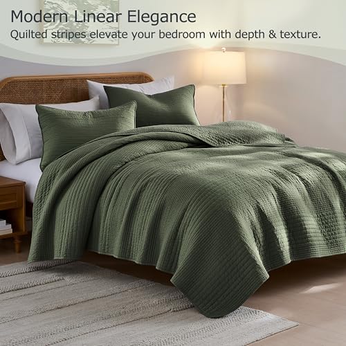 Image of palassio Striped Olive Green 100% Cotton Quilt California Cal King Size Bedding Sets, Oversized Lightweight Channel Pick Stitch Textured Bedspread Soft Farmhouse Coverlet for All Season, 2 Shams