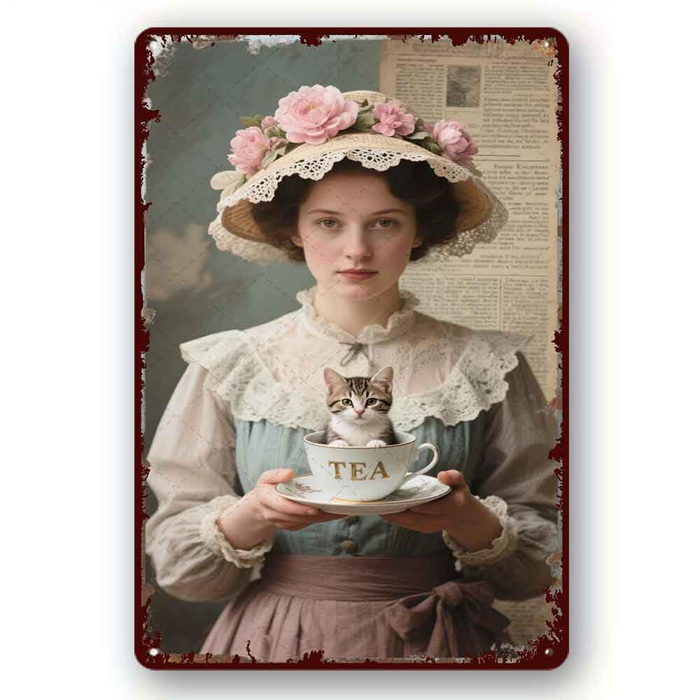 peiyeety Funny Metal Tin Sign Life Is Better With Cats And Tea Girl Vintage Metal Sign For Home Outdoor Indoor Office Bar Yard Decor 8x12 Inch