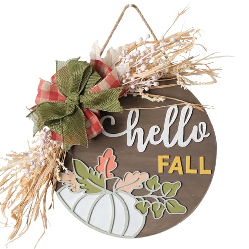 Pumpkin Hello Fall Door Sign Wreath with Burlap Bow & Natural Lafite...