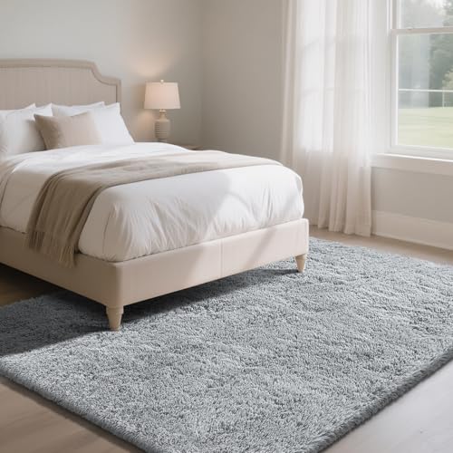 Fluffy Rug Shaggy Area Rug, Grey 3x5 Area Rugs for Bedroom, Small Bedside Rug, Soft Fluffy Shaggy Entryway Throw Rugs for Living Room Bedroom Kids Room Home Decor