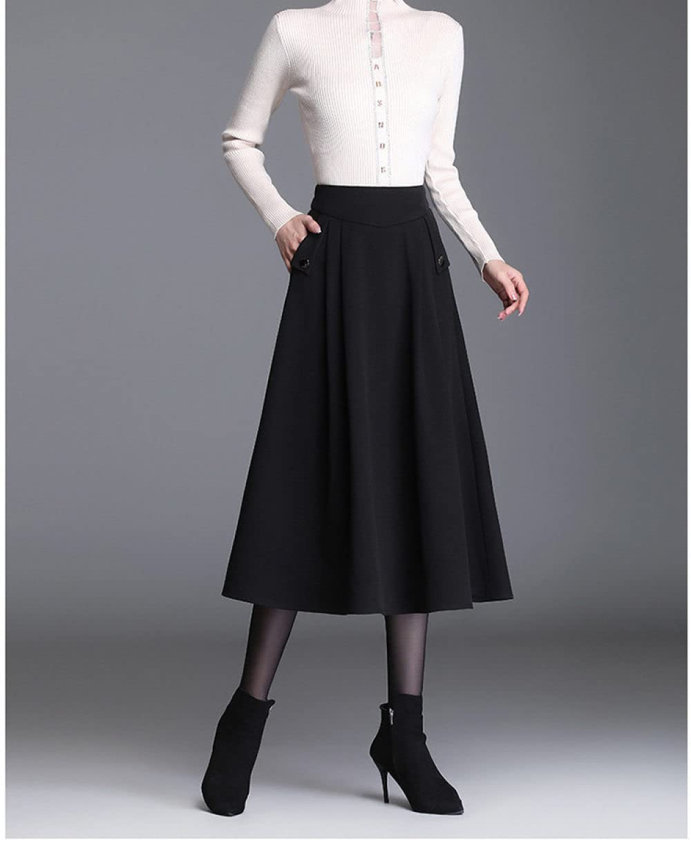 Dames gebreide hoge taille slanke A-lijn rok grote swing halflange geplooide rokken, Donker Grijs9, L
