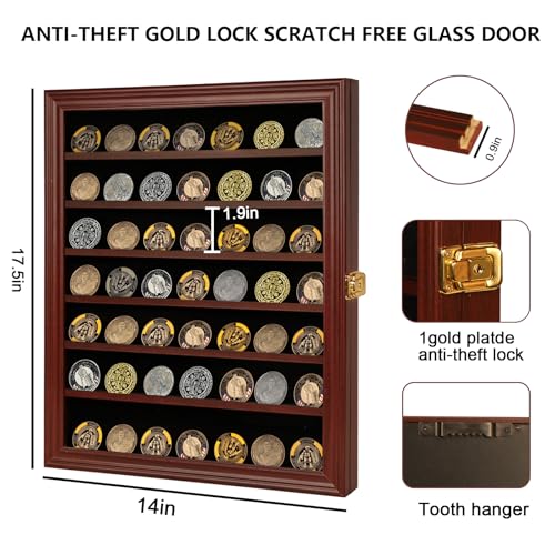 Image of Jinchuan Military Challenge Coin Display Case Lockable Cabinet Rack Holder Shadow Box with Removable 2 Grooves Shelves and Anti Dust Door for Casino Poker Chips Collectibles, Large - Mahogany