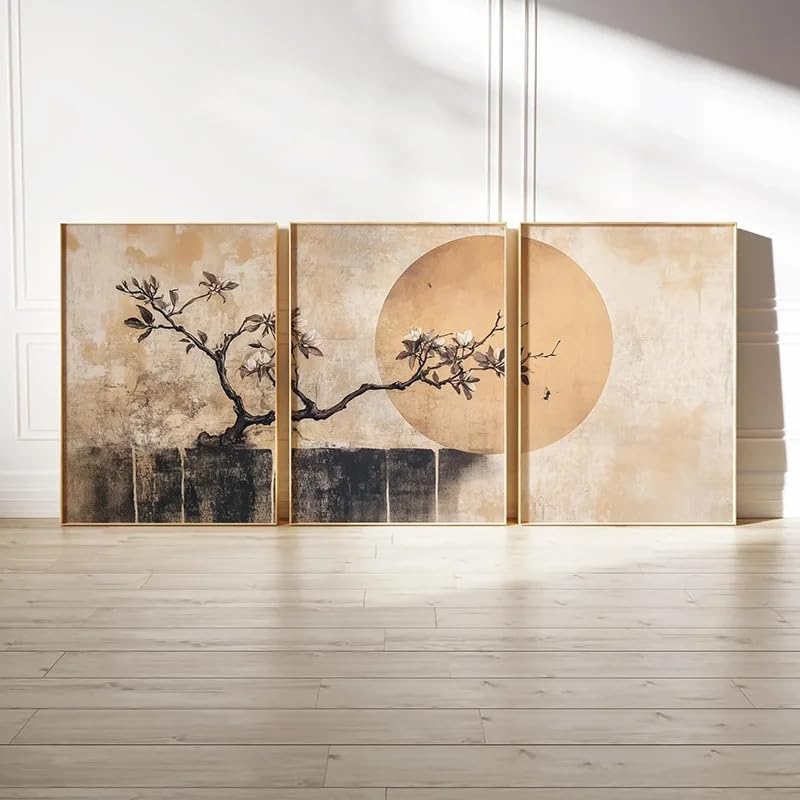 Tableau arbre soleil abstrait triptyque mural marron 40x60cm - 2