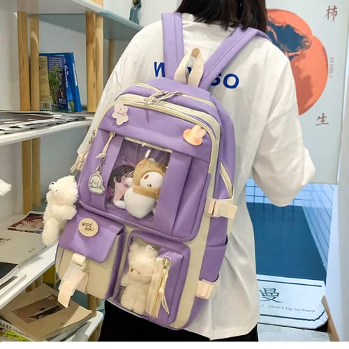 Kawaii Aesthetic School Backpack 5Pcs Combo Set with Cute Bear Pendant Pins Daypack Small Laptop School Bag Essential Kit3