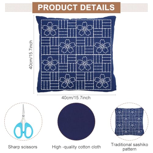Image of WEBEEDY DIY Sashiko Pillowcase Template Set for Traditional Japanese Sashiko Pattern Fabric Pillowcase Embroidery Kit Stitching Sashiko with Video Instructions for Home Sofa Decor, 15.7x15.7inch