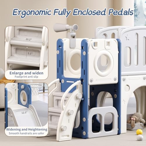 8 in 1 Toddler Slide,Kids Climber Slide with Storage Space and Non-Slip Steps,Indoor Outdoor Playset with Basketball Hoopa and Telescope,Slide for Toddlers Age 1-8 (White+Blue)