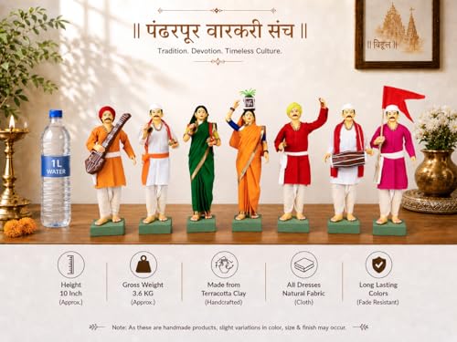 Image of Handmade Terracotta Pandharpur Warkari Set of 7| Traditional 10 Inch Clay Figurines for Mandir Decor, Golu Display and Gifting