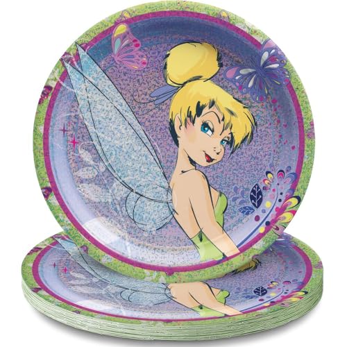 amscan Lot de 8 assiettes en carton rondes prismatiques multicolores Fée Clochette (22,9 cm) –...