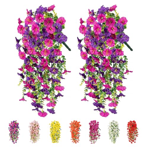 2Pcs Artificial Hanging Flowers Outdoor Fake Trailing Plants Morning Glory Decoration UV-Resistant for Hanging Baskets - Spring Decor Garden Porch Wedding  Drooping Design for Pots & Patio (Purple)