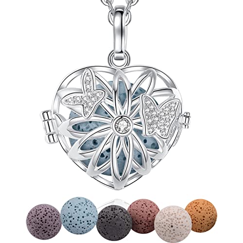 INFUSEU Collier D'Huiles Essentielles, Diffuseur D'AromathéRapie ChaîNe D'AnxiéTé Coeur Pendentif Papillon Plaqué Argent MéDaillon Longs Colliers Pour Femmes Cover