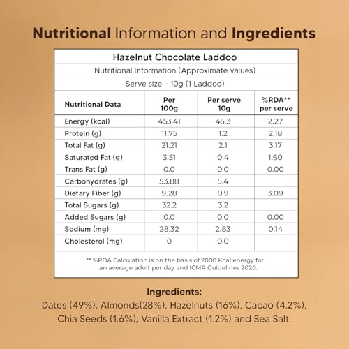 Image of Hazelnut Chocolate Sugar-Free Laddoos | High Protein & Instant Energy | 95% Dry-Fruits - Healthy Chocolate - No Added Sugar | Healthy Snacks | Energy-Bar Replacement (Pack of 4-40gm)