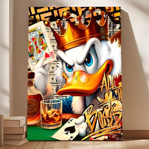 Image of Luxury Pop Art Duck King Canvas Wall Art Painting For Living Room Casino Royal Graffiti Art Painting Modern Money, Poker & Crown Theme Wall Decor, 56x86 cm
