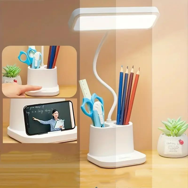 Image of One94Store LED Desk Lamp with Pen & Phone Holder - USB Charging Study Lamp with Touch Sensor, Adjustable Brightness, Eye Protection Light & Foldable Table Lamp for Students, Reading & Office