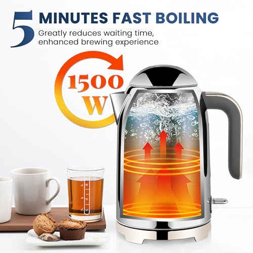 Image of SUSTEAS Electric Kettle - 57oz Hot Tea Water Boiler with Thermometer, 1500W Fast Heating Stainless Steel Pot, Cordless LED Indicator, Auto Shut-Off & Boil Dry Protection, Silver