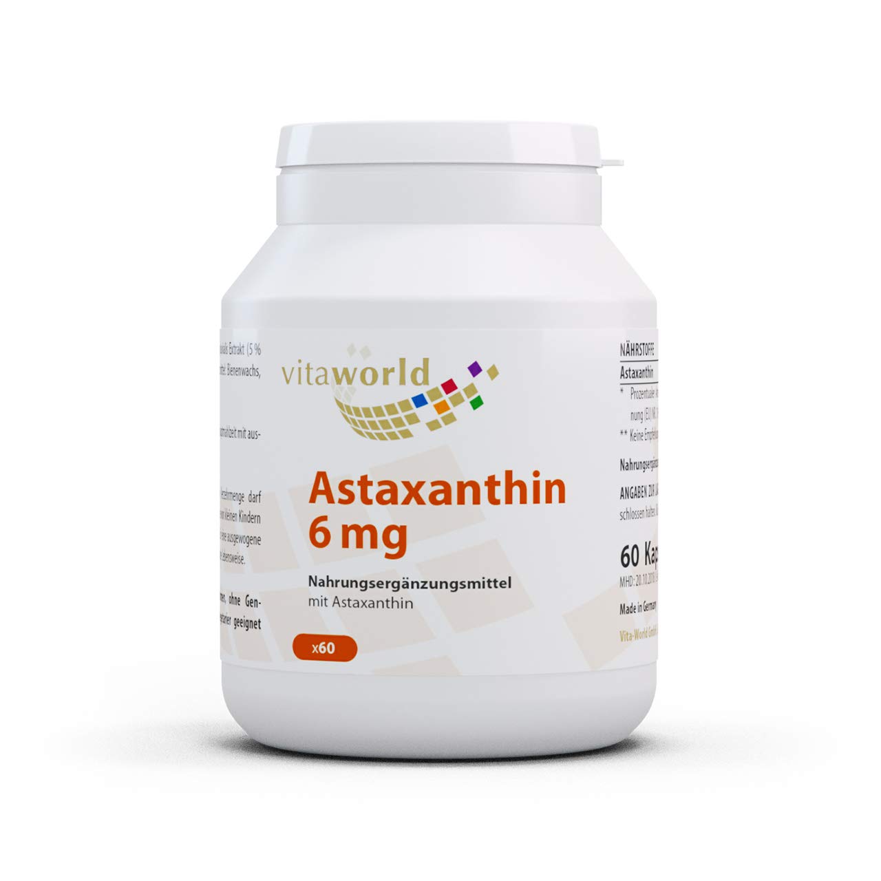Pack de 3 Astaxantina 6mg 3 x 60 Cápsulas Vita World Farmacia Alemania Carotenoide Antioxidante Haematococcus pluvialis