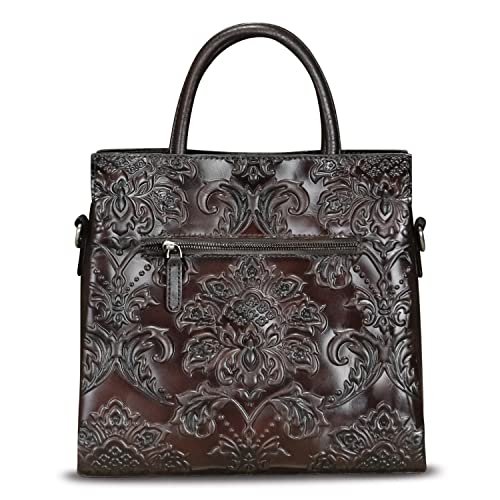 Image of Genuine Leather Satchel for Women Top Handle Handbag Handmade Embossed Vintage Satchel Crossbody Handbags Purse Bag