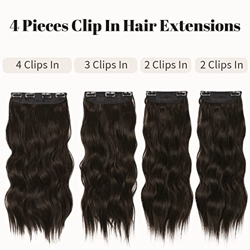 Image of KooKaStyle Wavy Thick Clip in Hair Extensions 20 inch Medium Brown | 4 Pieces Clip in Extensions,Fiber Double Weft Hairpieces,Natural Volume,Beach Wave Long Synthetic Hairpiece for Women