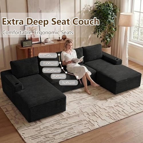 Image of 133 inch U-Shape Cloud Couch, Modern Modular Sectional U-Shape Sofa, Corduroy Boneless Couch Upholstered Couches Deep Seat Sleeper Chaise Longue for Living Room, No Assembly Required, Black