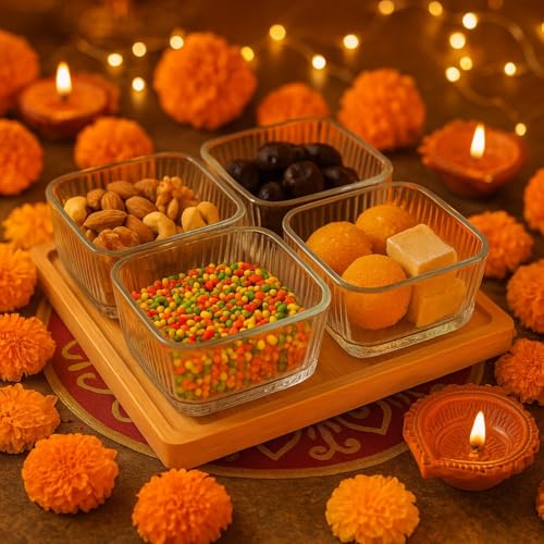 Image of 250ml Glass Serving Bowl Set of 4 with Bamboo Tray | Snack, Dry Fruit, Mukhwas & Candy Bowls for Dining Table | Transparent Glass Katori Set