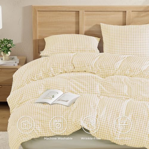 Image of Andency Gingham Duvet Cover Full Size, Yellow Checkered Plaid Bedding Set, 3 Pieces Soft Prewashed Microfiber Comforter Cover with Zipper Closure & Corner Ties