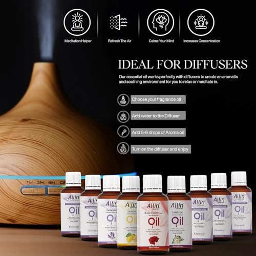 Image of Allin Exporters 9 in 1 Aroma Oil Combo Pack- Lavender, Rose, Citronella, Eucalyptus, Peppermint, Sandalwood, Lemon Grass, Lemon, Jasmine (9 x 15ml) Essential Oil for Home Fragrance, Aromatherapy