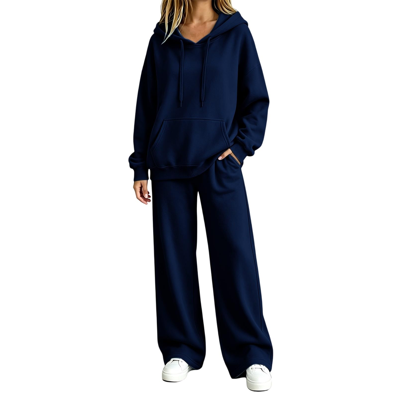 Survêtement 2 pièces élégant pour femme - Survêtement de sport pour femme | Avec poche kangourou, sweat à capuche, jambes larges, pantalon de jogging deux pièces, décontracté, coupe régulière