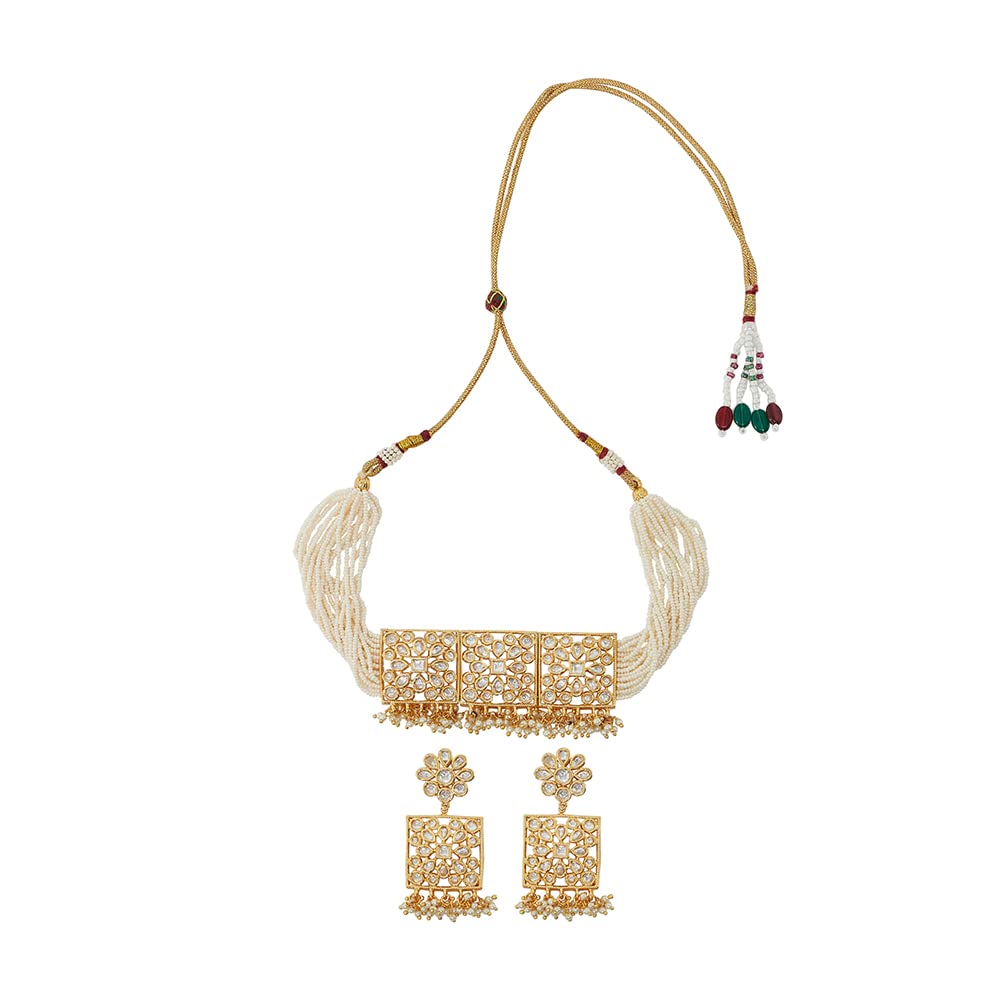 VOYLLA Cluster Setting Faux Kundan and White Pearls Adorned Gold Plated Brass Jewellery Set (B0B8DHTQWR) Amazon Price History, Amazon Price Tracker