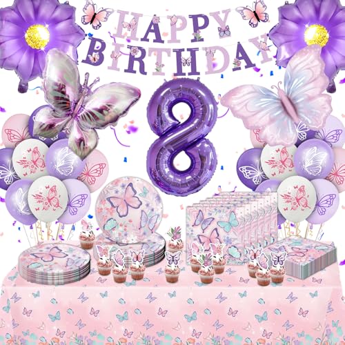Fizdoqg Kit de décoration d'anniversaire en forme de papillon avec vaisselle de fête, serviettes, bannière, nappe, ballons pour décoration de fête,...