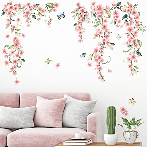 wondever Hanging Flower Vine Wall Stickers Pink Floral Peel and Stick Wall Art Decals for Living Room Bedroom TV Background - Image 2